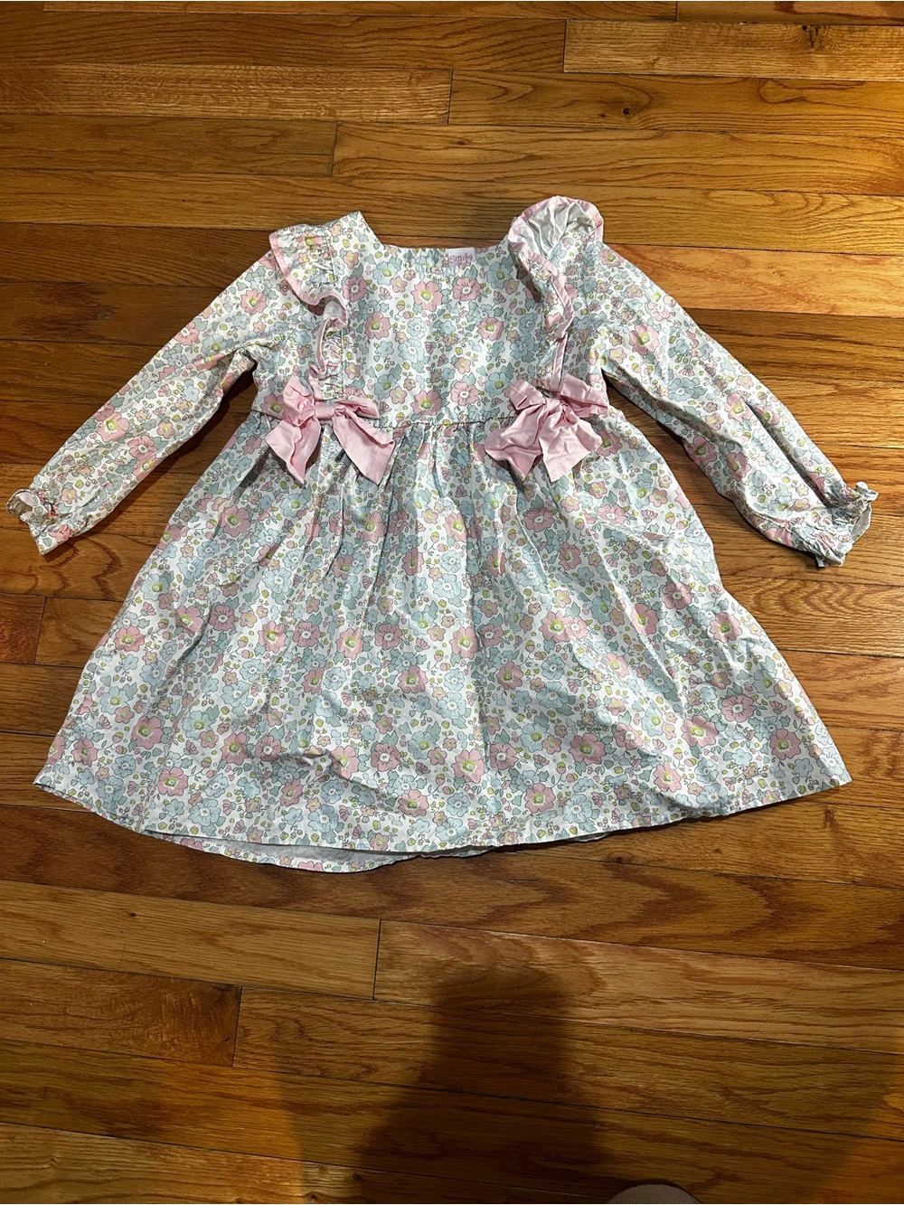 Stitchy Fish Floral Bow Dress Pastels Ruffles Long Sleeves 3T